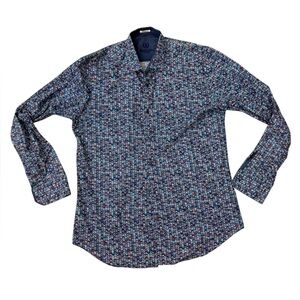 Bugatchi Multicolor Wave-Print Blue Long-Sleeve Dress Shirt